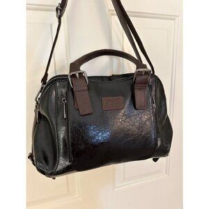 Black Faux Leather Satchel Handbag W Brown Handles & Adjustable Shoulder Strap